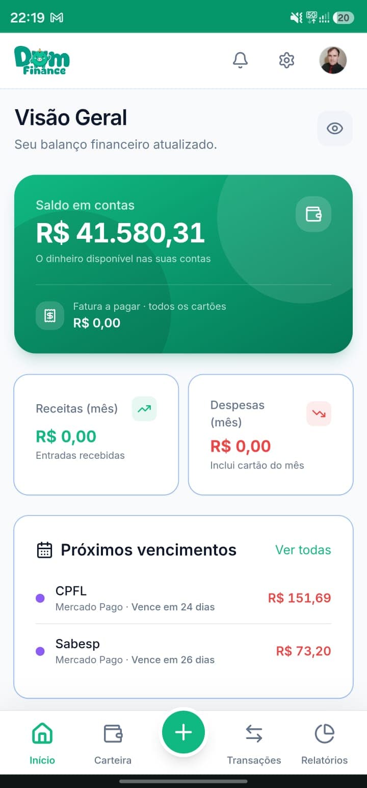 Tela inicial do DomFinance com o saldo em contas e os próximos vencimentos da casa