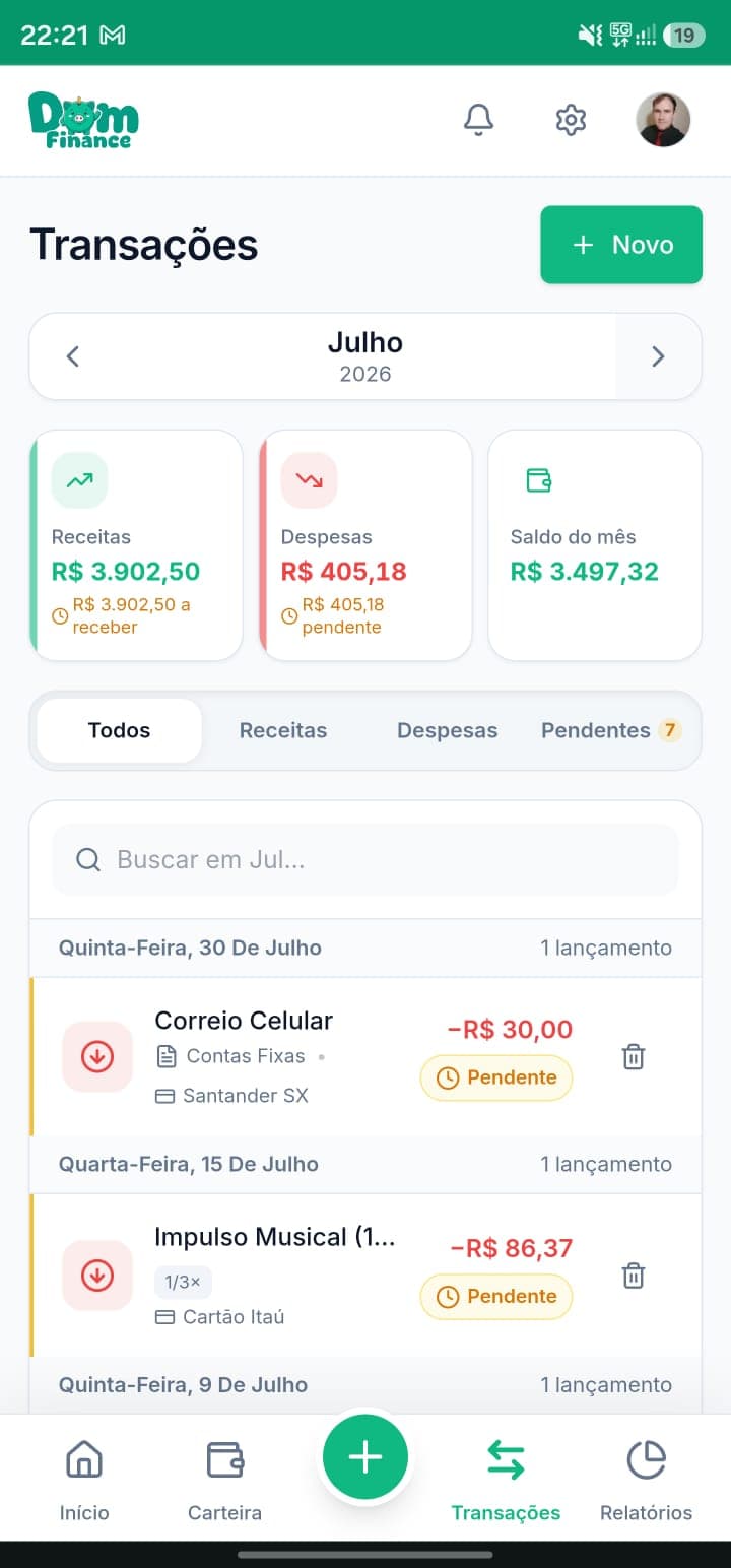 Tela Transações do DomFinance